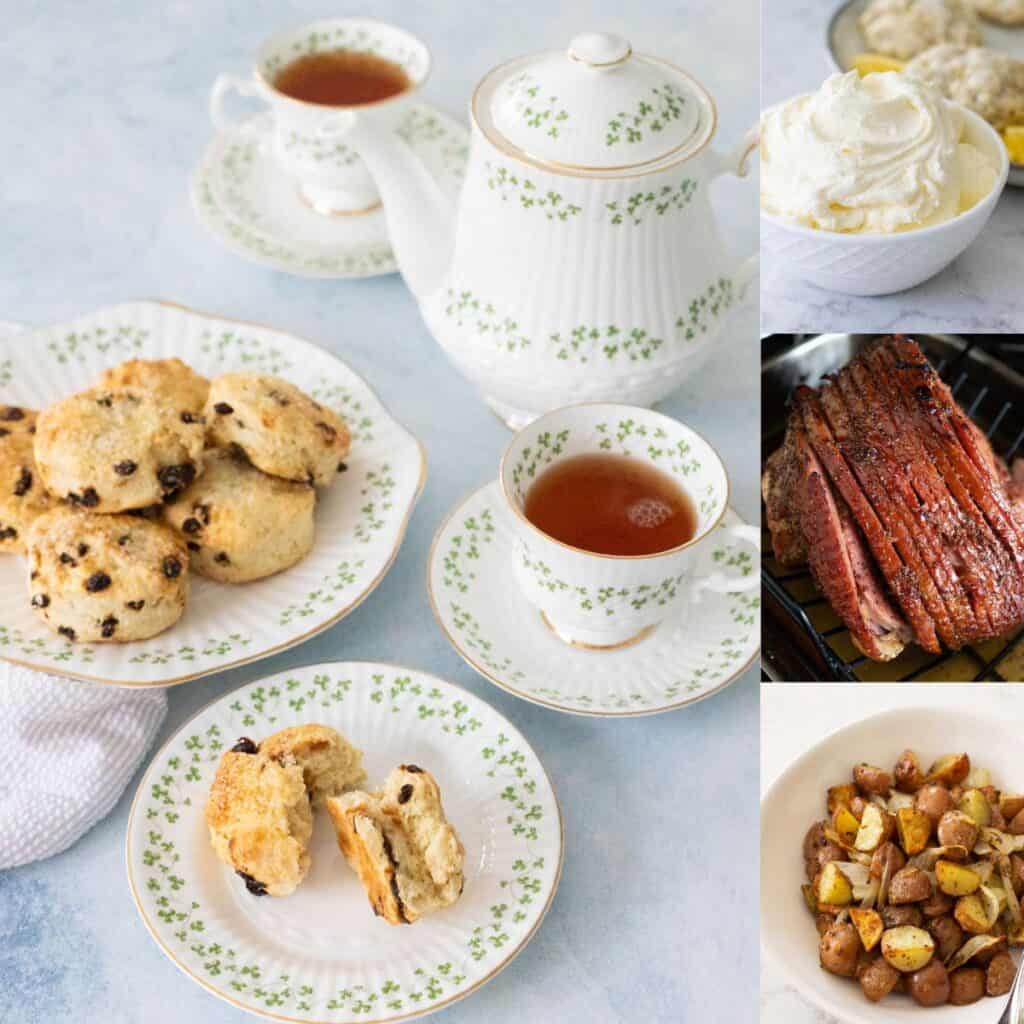 The photo collage shows an Irish tea set with scones next to 3 photos of recipes to serve for a St. Patrick's Day brunch.