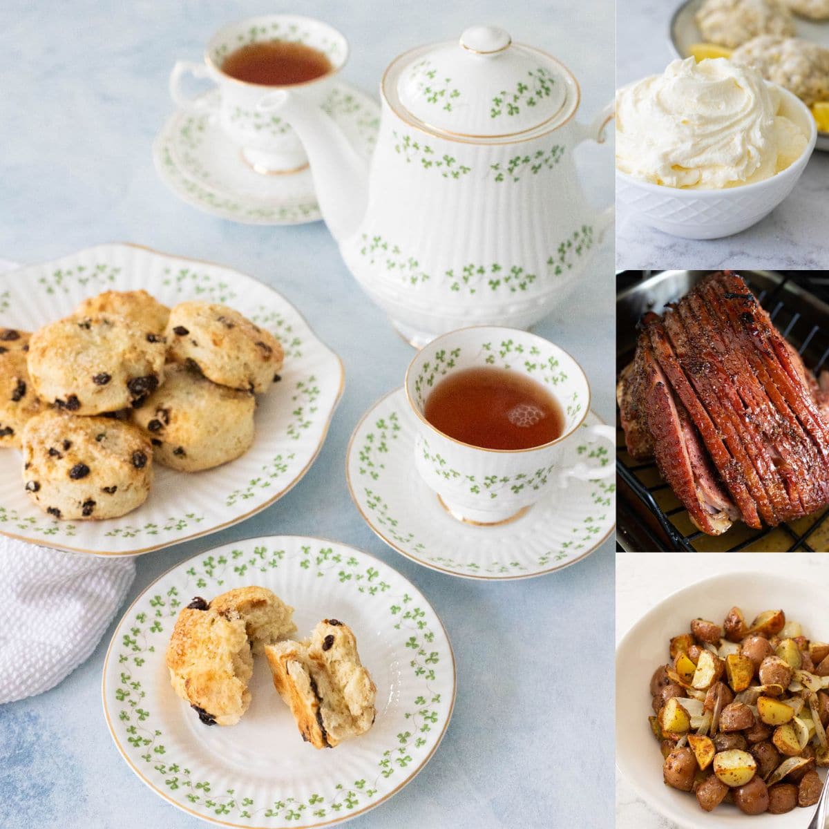 The photo collage shows an Irish tea set with scones next to 3 photos of recipes to serve for a St. Patrick's Day brunch.