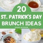 The photo collage shows an Irish tea set with scones next to 3 photos of recipes to serve for a St. Patrick's Day brunch.