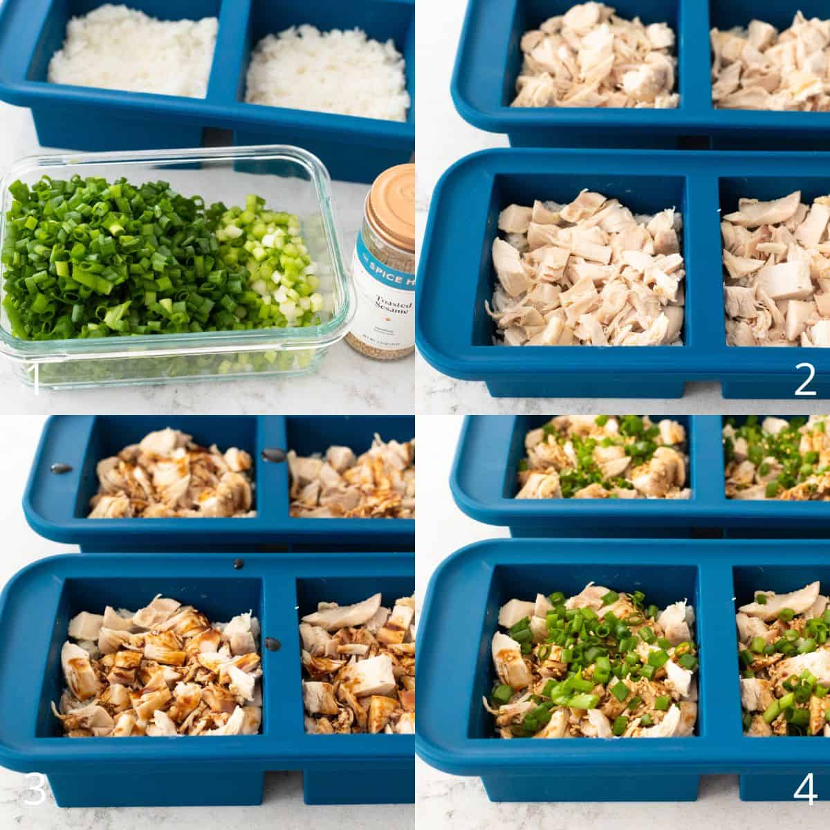 The step by step photo collage showing rice portioned into meal prep containers, chopped rotisserie chicken added, drizzled with teriyaki sauce, and topped with sliced green onions.