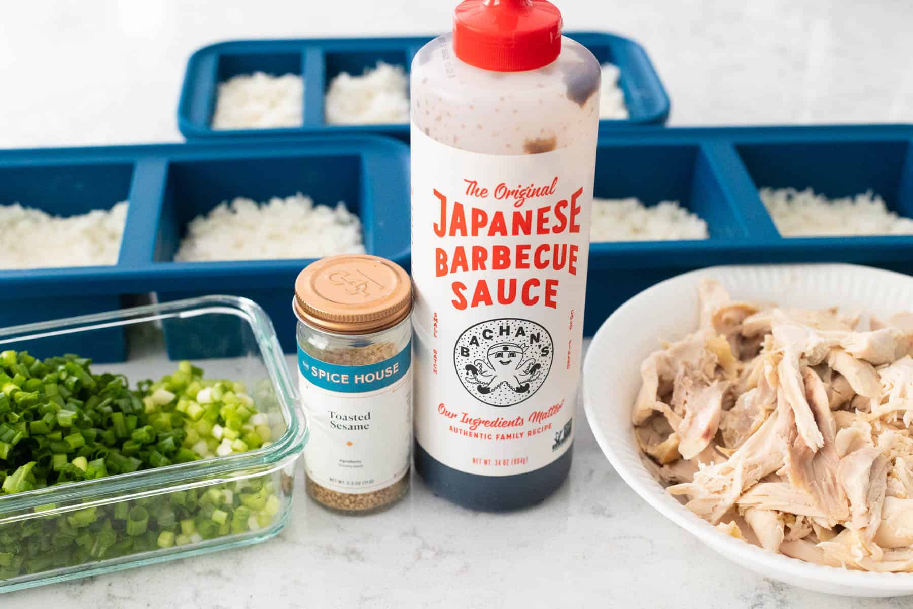 The ingredients to make Rotisserie Chicken Teriyaki Rice Bowls are on the kitchen counter.