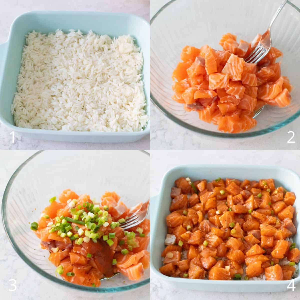 The step by step photo collage shows how to prep the spicy salmon sushi bake by layering cooked rice, mixing cubed salmon with sauce and green onions, and spreading it over the rice in a baking dish.
