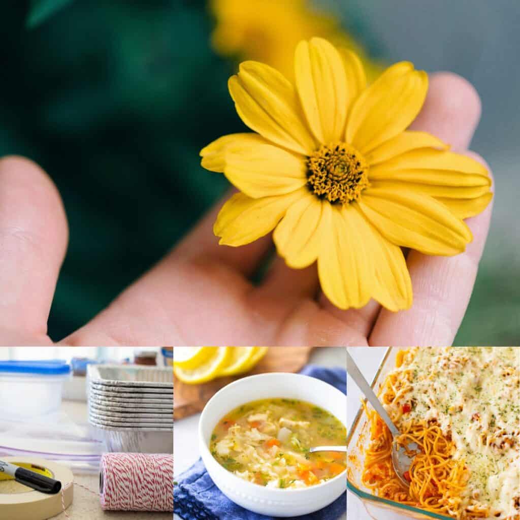 The photo collage shows a hand holding a yellow flower next to a photo of chicken soup, a casserole, and meal train prep supplies.