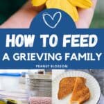 The photo collage shows a hand holding a yellow flower next to 4 photos of recipes to bring a grieving family.