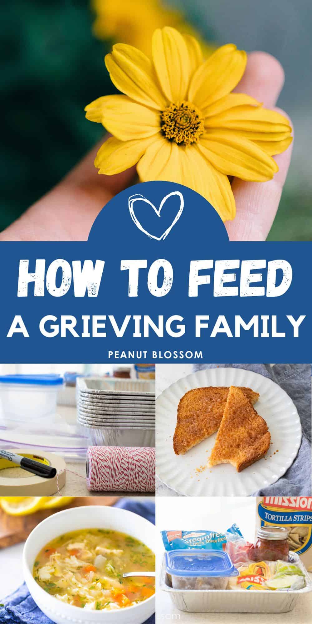 The photo collage shows a hand holding a yellow flower next to 4 photos of recipes to bring a grieving family.