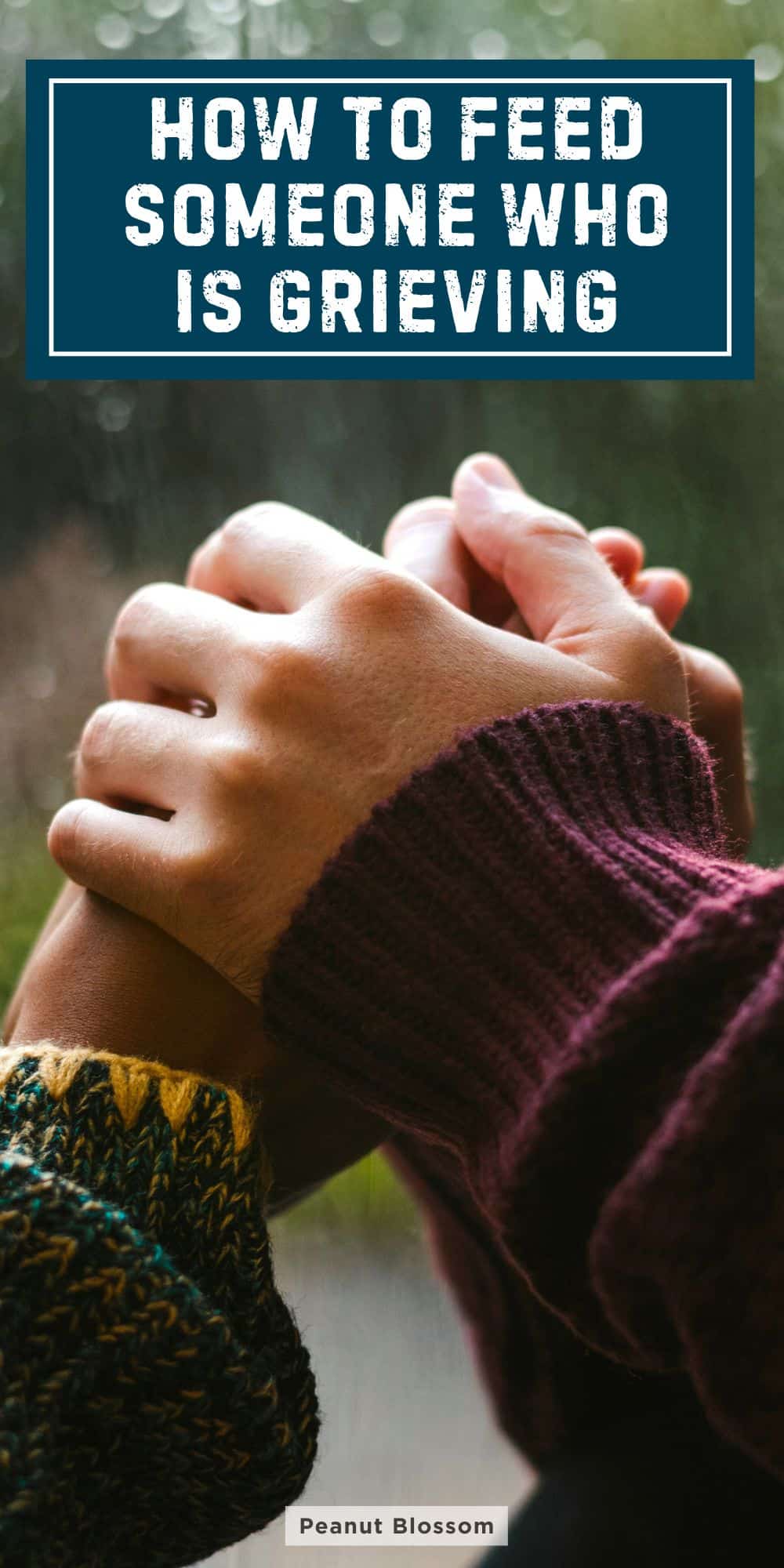 A close up of two people holding hands in front of a rainy window.