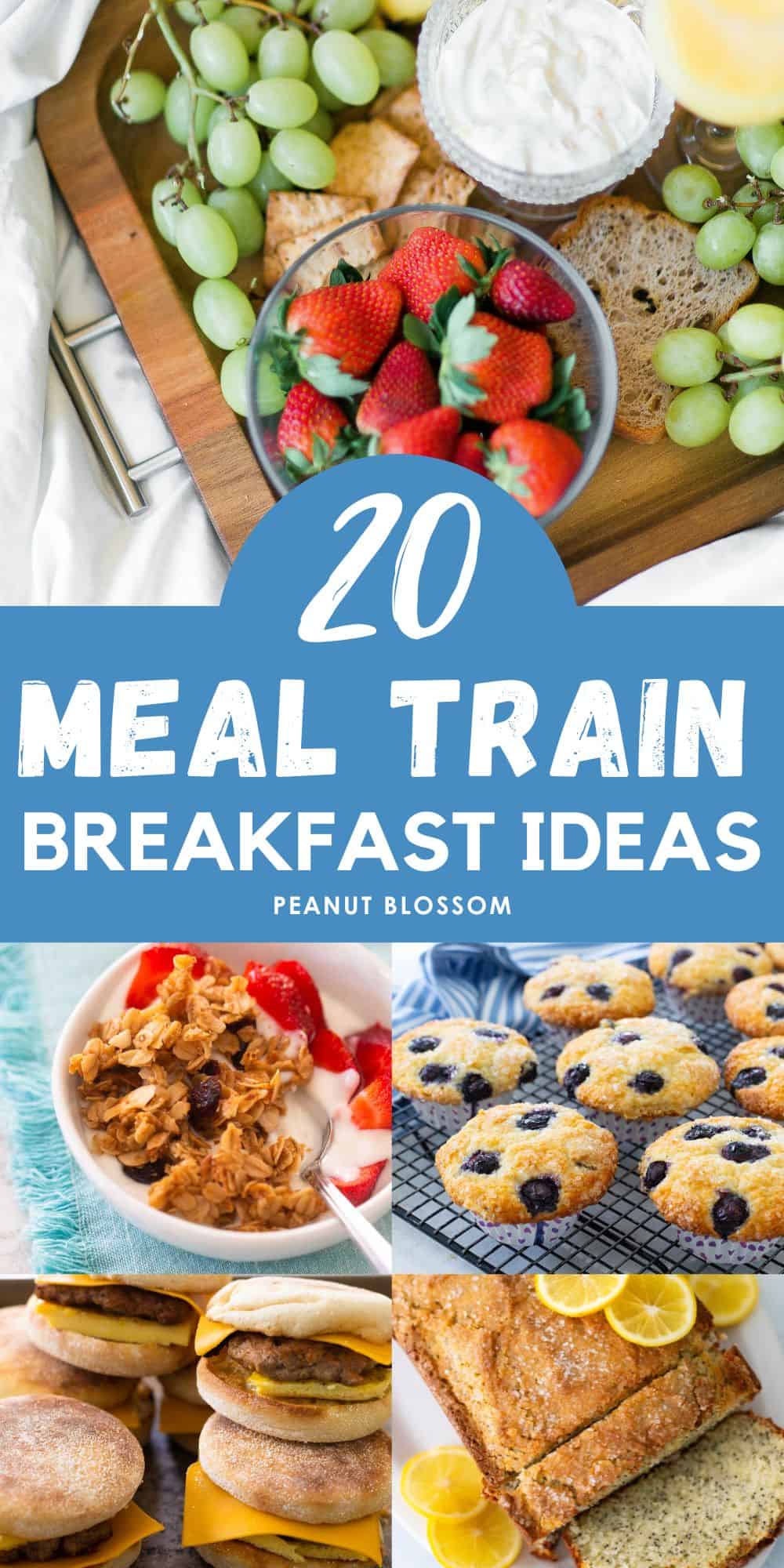 The photo collage shows 5 easy things to bring for breakfast as part of a meal train delivery.
