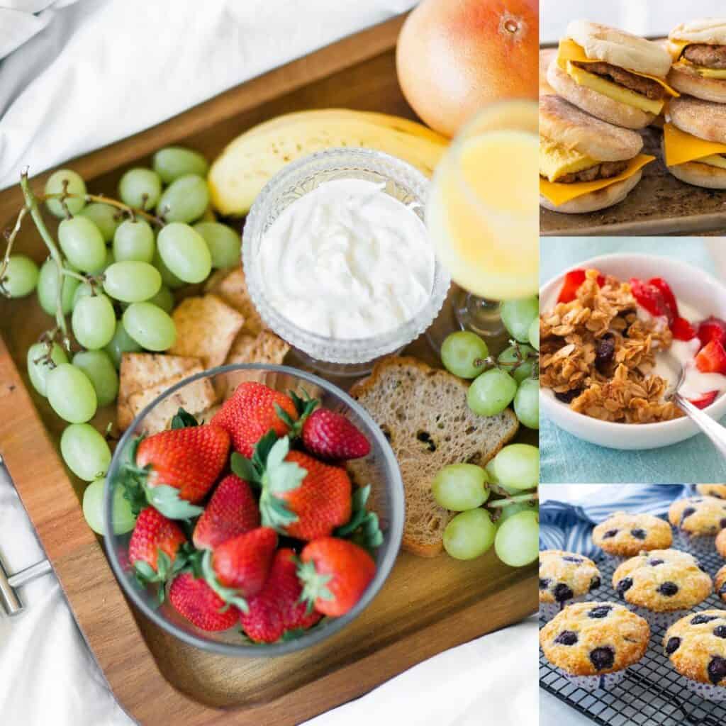 The photo collage shows 4 simple items to bring for a meal train breakfast.