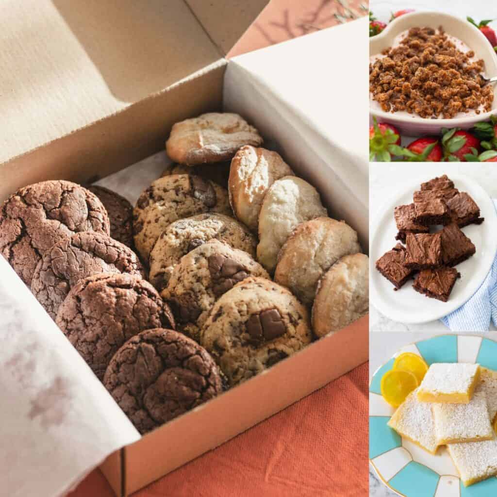 The photo collage shows 4 easy desserts that travel well for a meal train delivery.