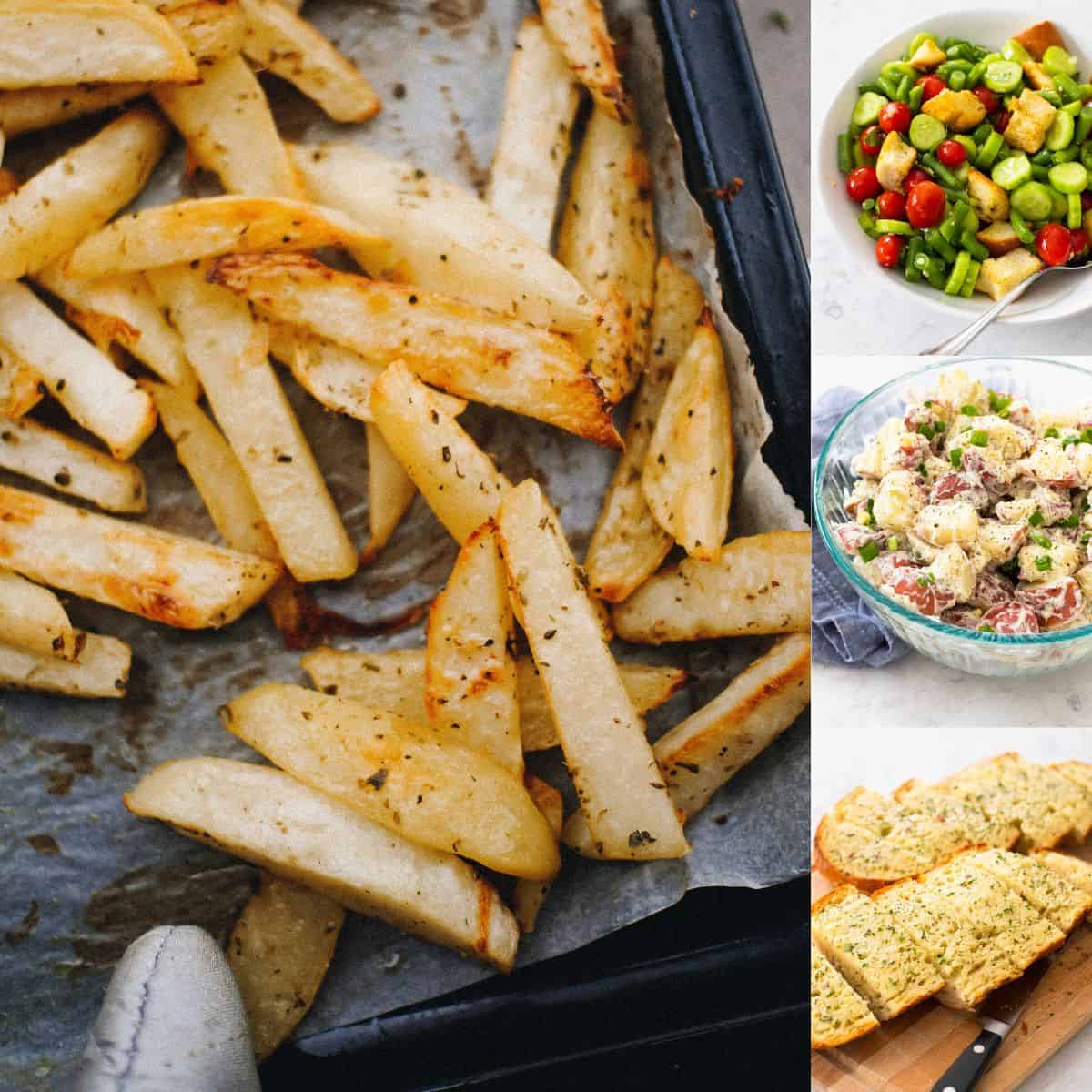 The photo collage shows a pan of baked french fries next to 3 more easy recipes for side dishes to add to a meal train dinner.