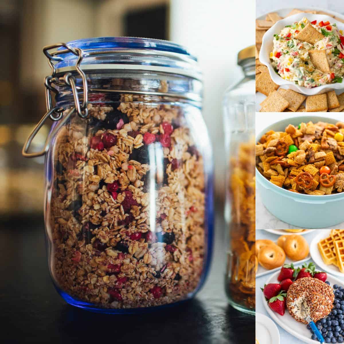 A mason jar of homemade granola is next to 3 more snacks to bring for a meal train delivery.