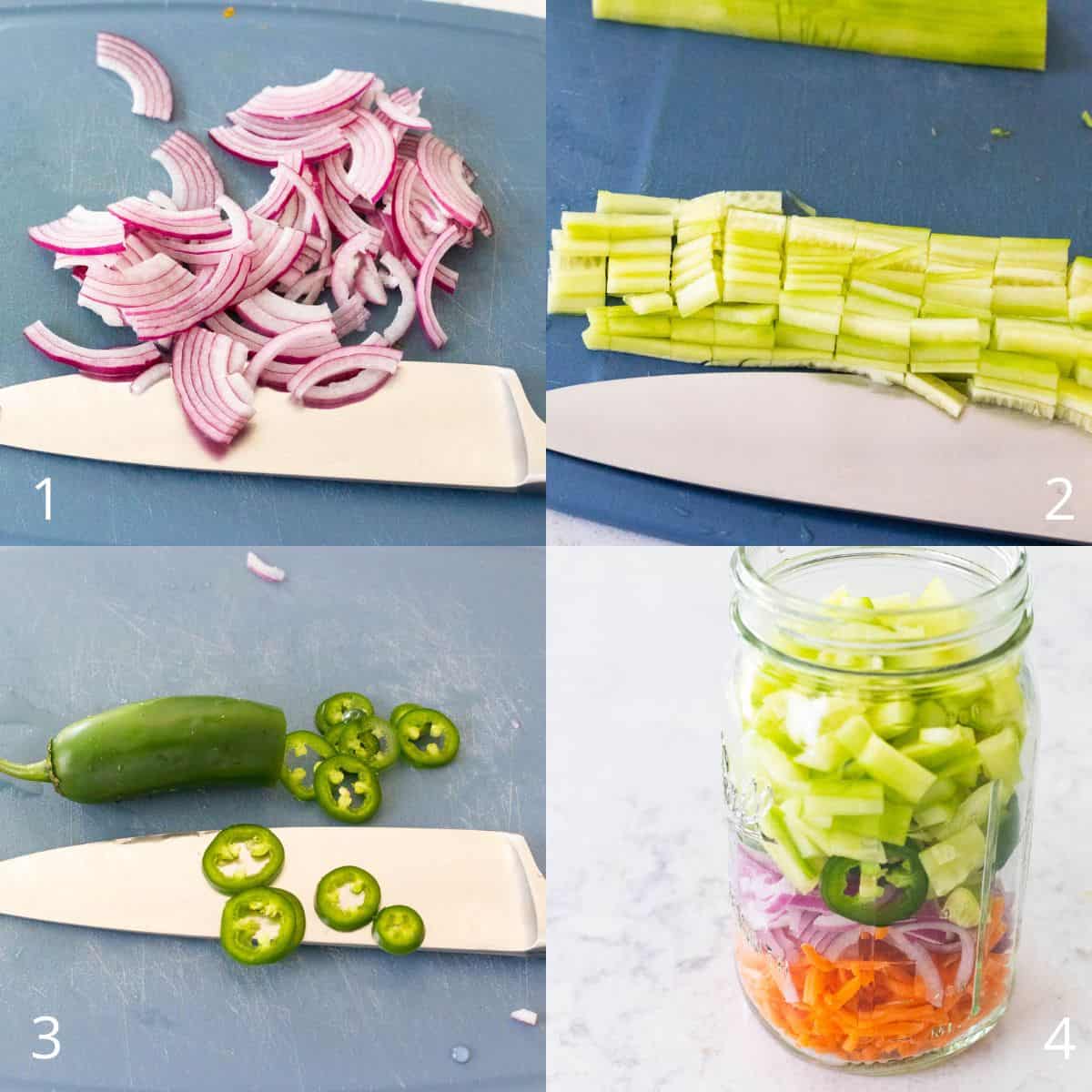 The step by step photo collage shows how to prep the vegetables for Quick Pickled Vegetables by slicing red onion, cutting jalapeño into rounds, and layering the vegetables into a mason jar.
