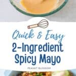 The photo collage shows the bowl of creamy spicy mayo next to a photo of a dish topped with sliced cucumbers and a drizzle of spicy mayo.