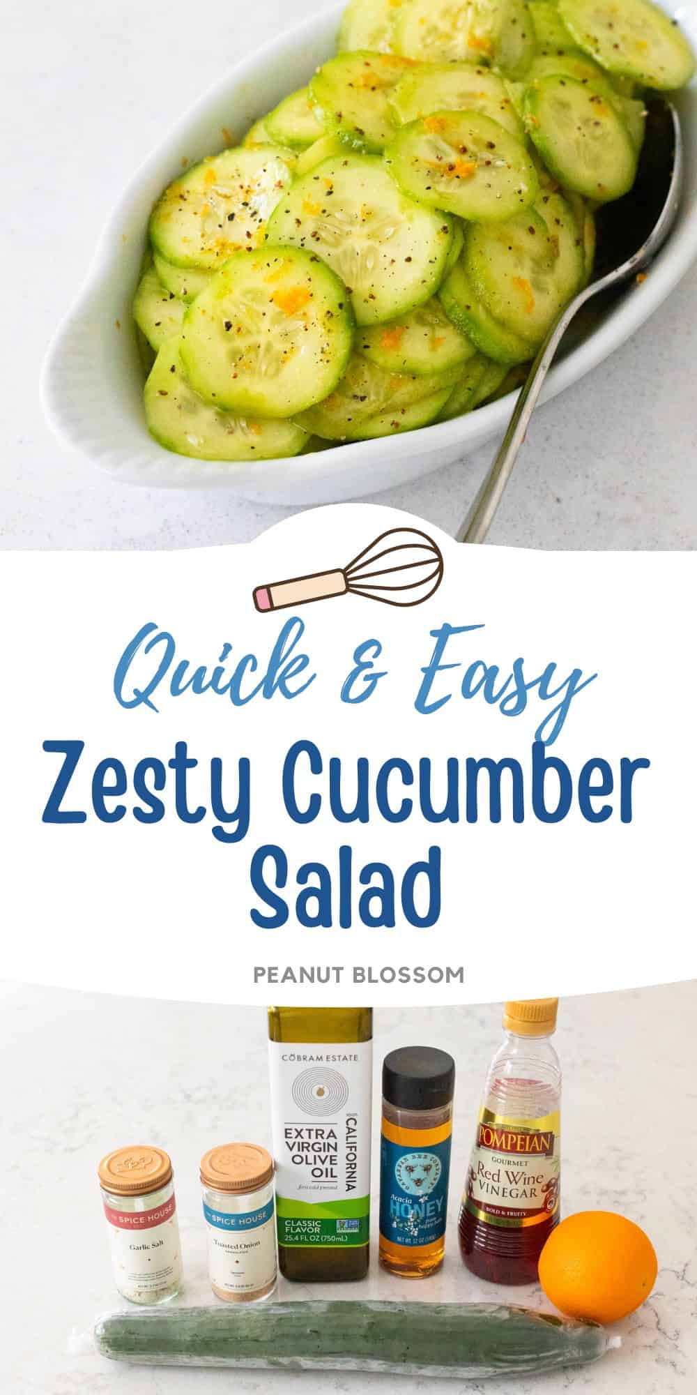The photo collage shows the Zesty Cucumber Salad next to a photo of the ingredients needed to make it.