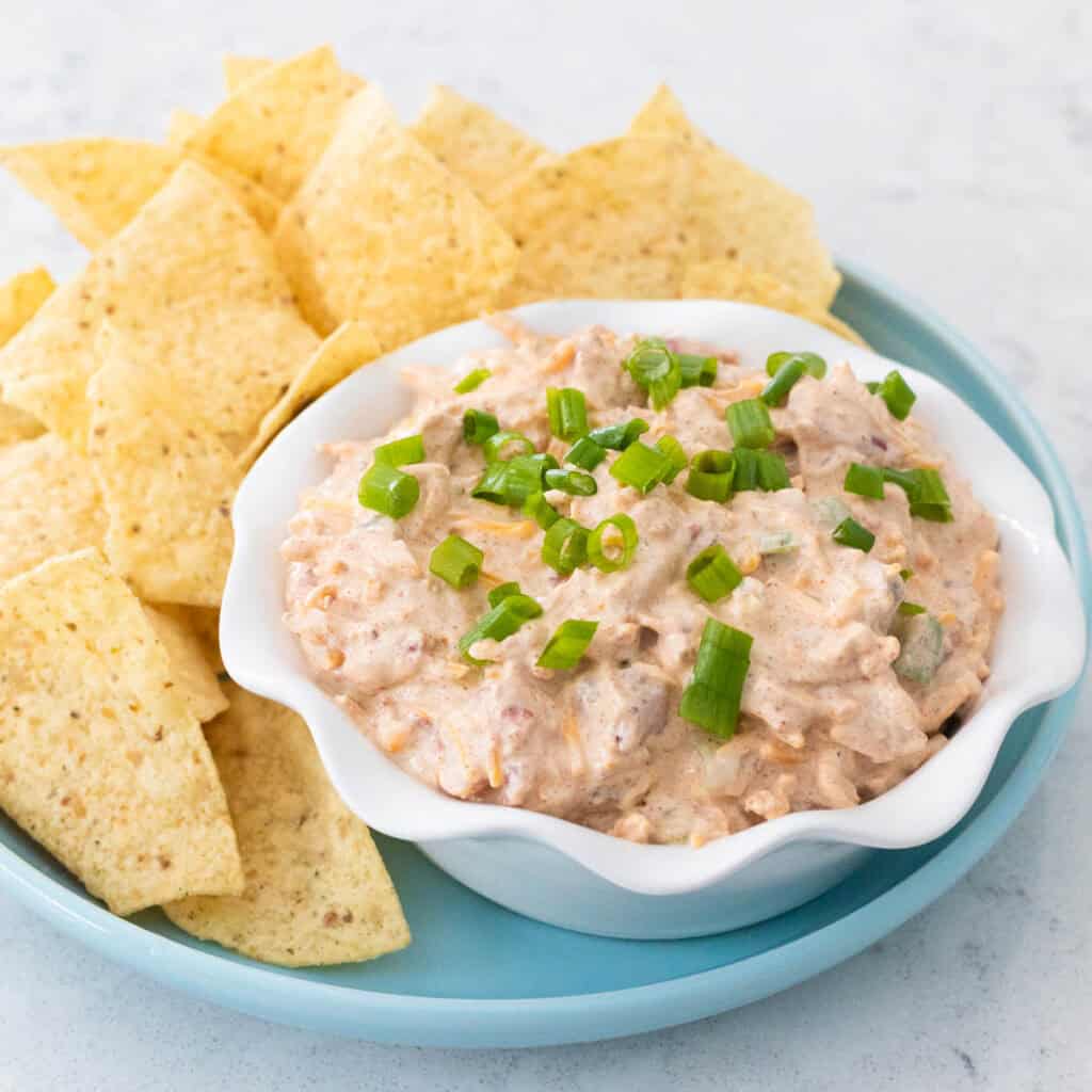 A white ruffled bowl is filled with the creamy boat dip with green onions sprinkled over the top. Tortilla chips are served for dunking.