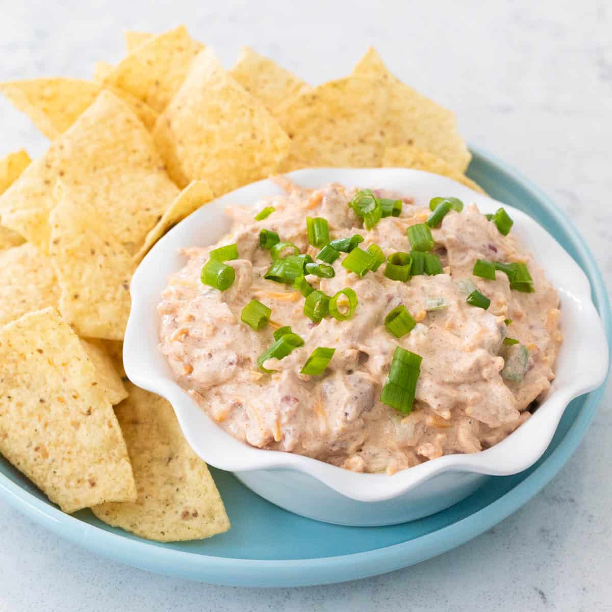 A white ruffled bowl is filled with the creamy boat dip with green onions sprinkled over the top. Tortilla chips are served for dunking.