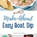 The photo collage shows the finished party dip on a plate with tortilla chips next to a photo of the ingredients used to make it.