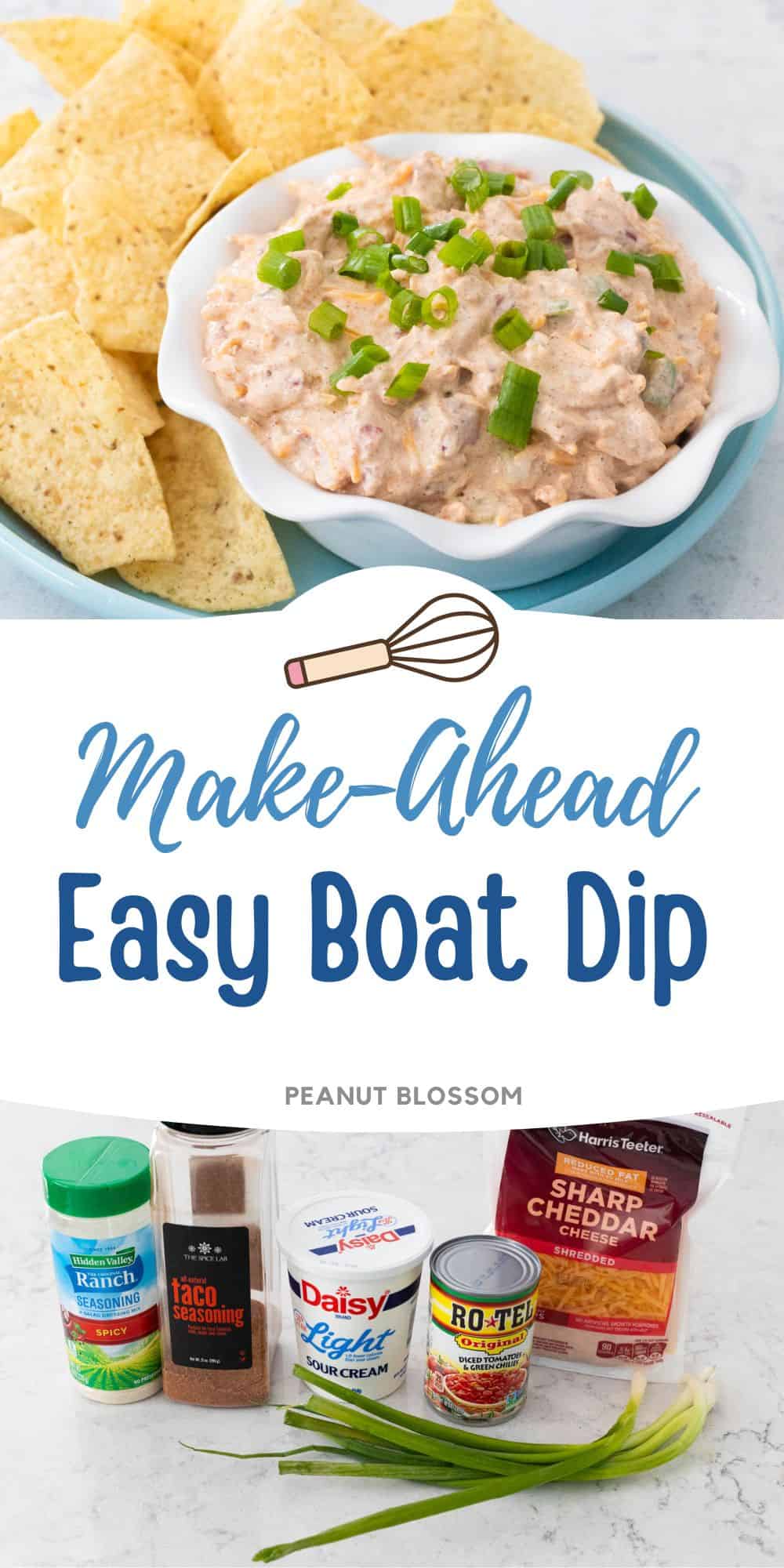 The photo collage shows the finished party dip on a plate with tortilla chips next to a photo of the ingredients used to make it.