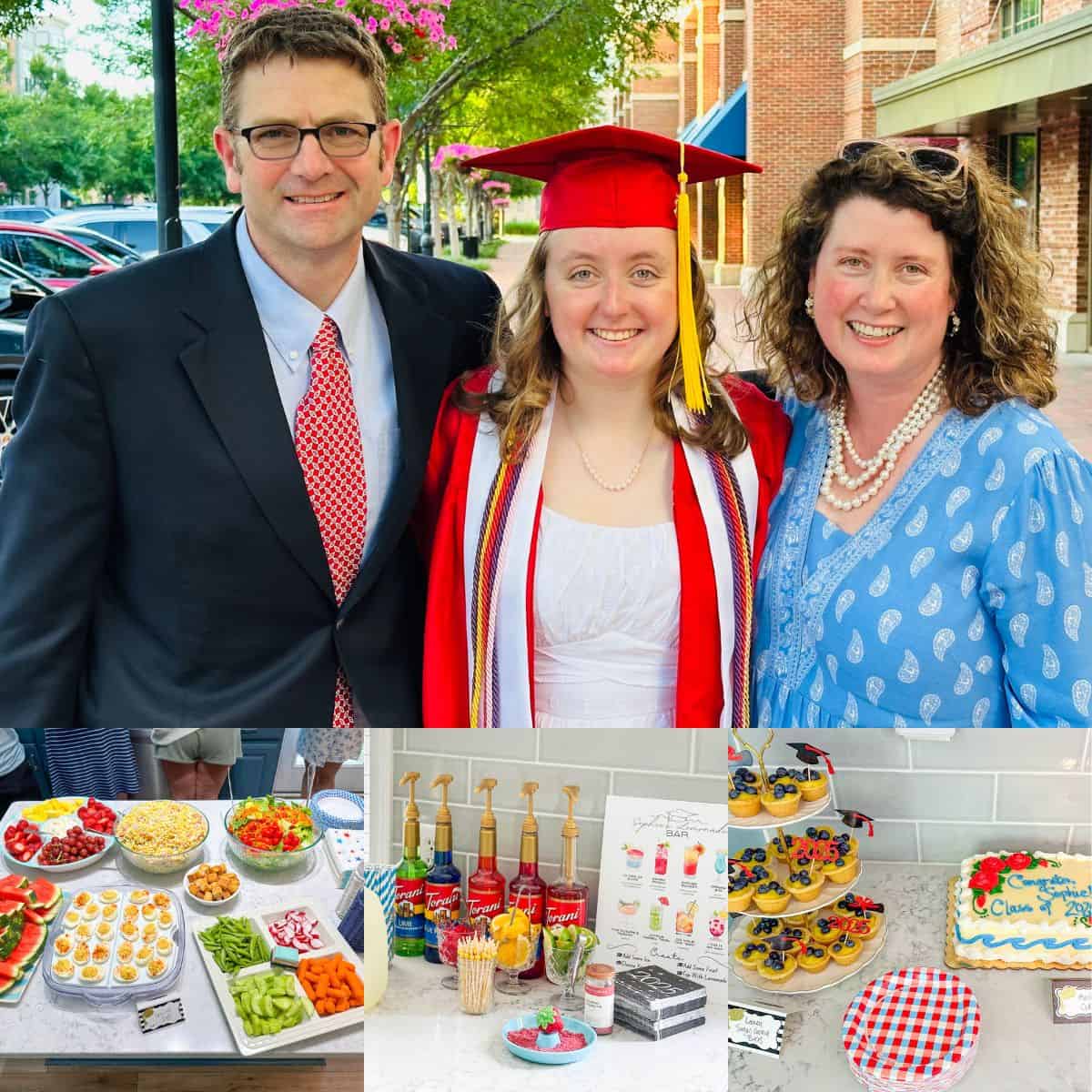The photo collage shows the family celebrating a new graduate next to the food from the party.