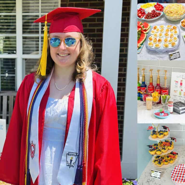 The photo collage shows a high school graduate next to several photos of food from her graduation party.