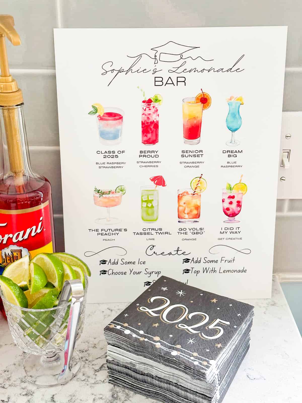 A custom sign sits on the bar next to the cocktail napkins.