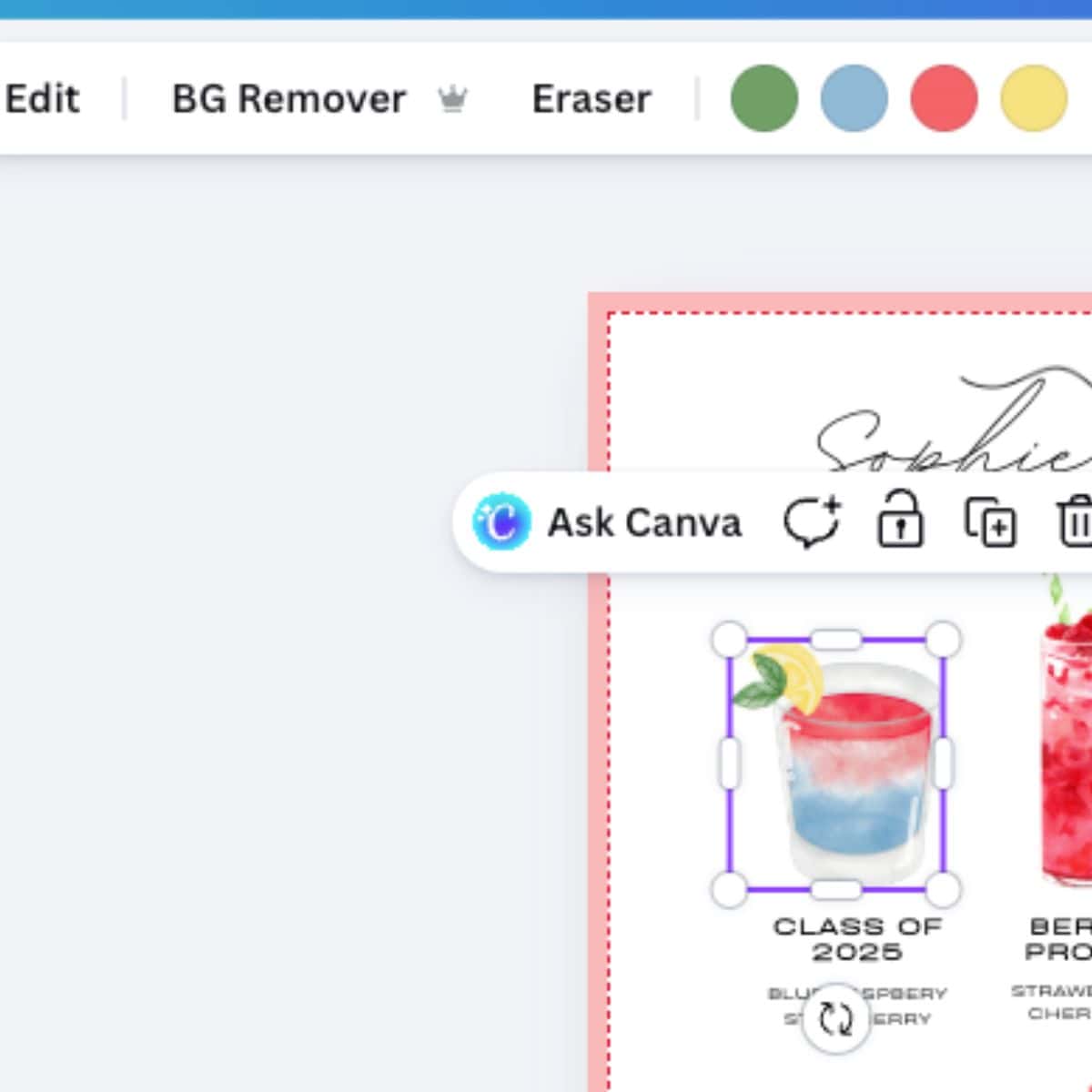 The screenshot shows how to edit the drink illustration in Canva.