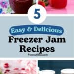 The photo collage shows 4 easy freezer jam recipes to make in summer.