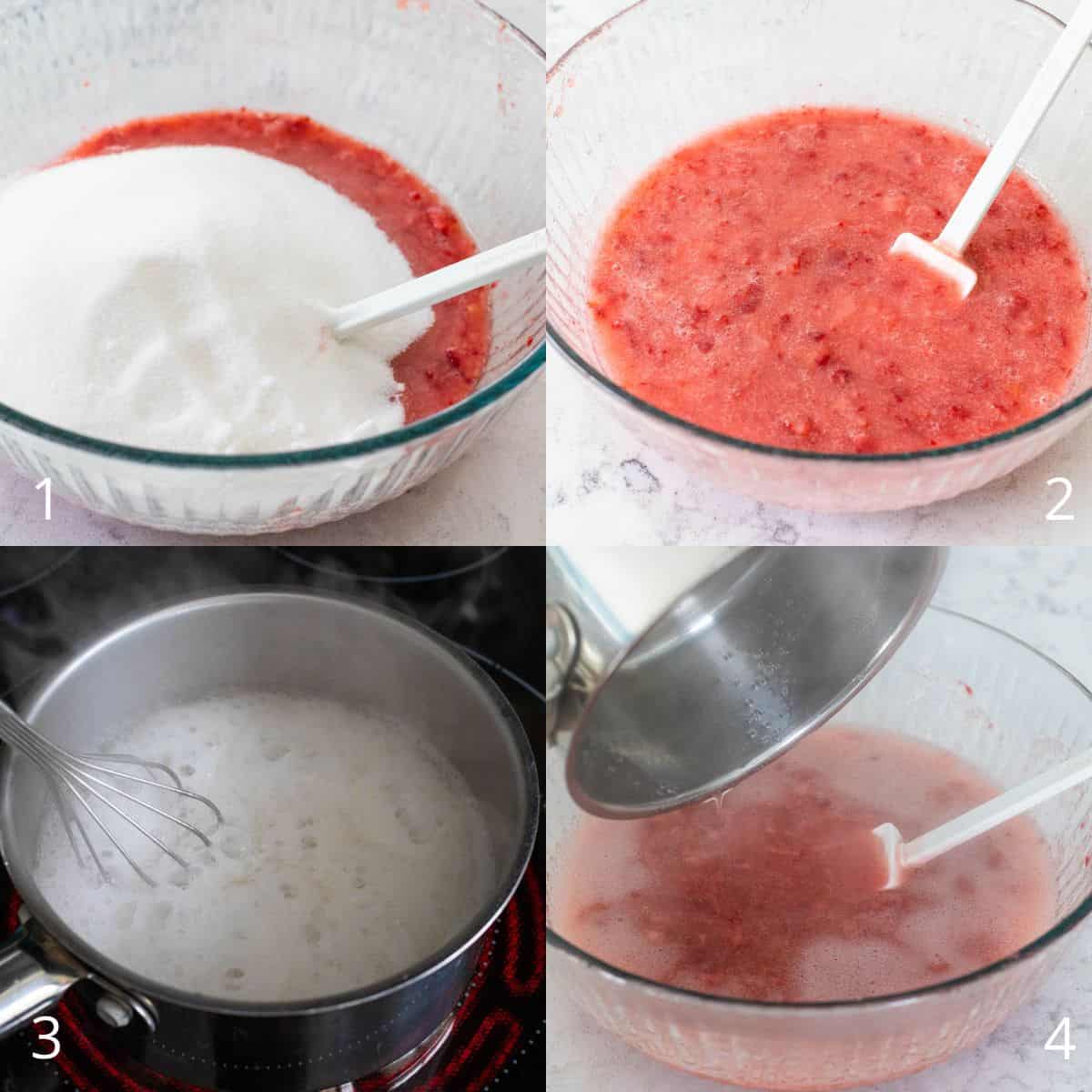 The step by step photo collage shows how to prepare the strawberry freezer jam.