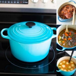 The photo collage shows a blue Dutch oven next to 3 recipes you can use it to cook.