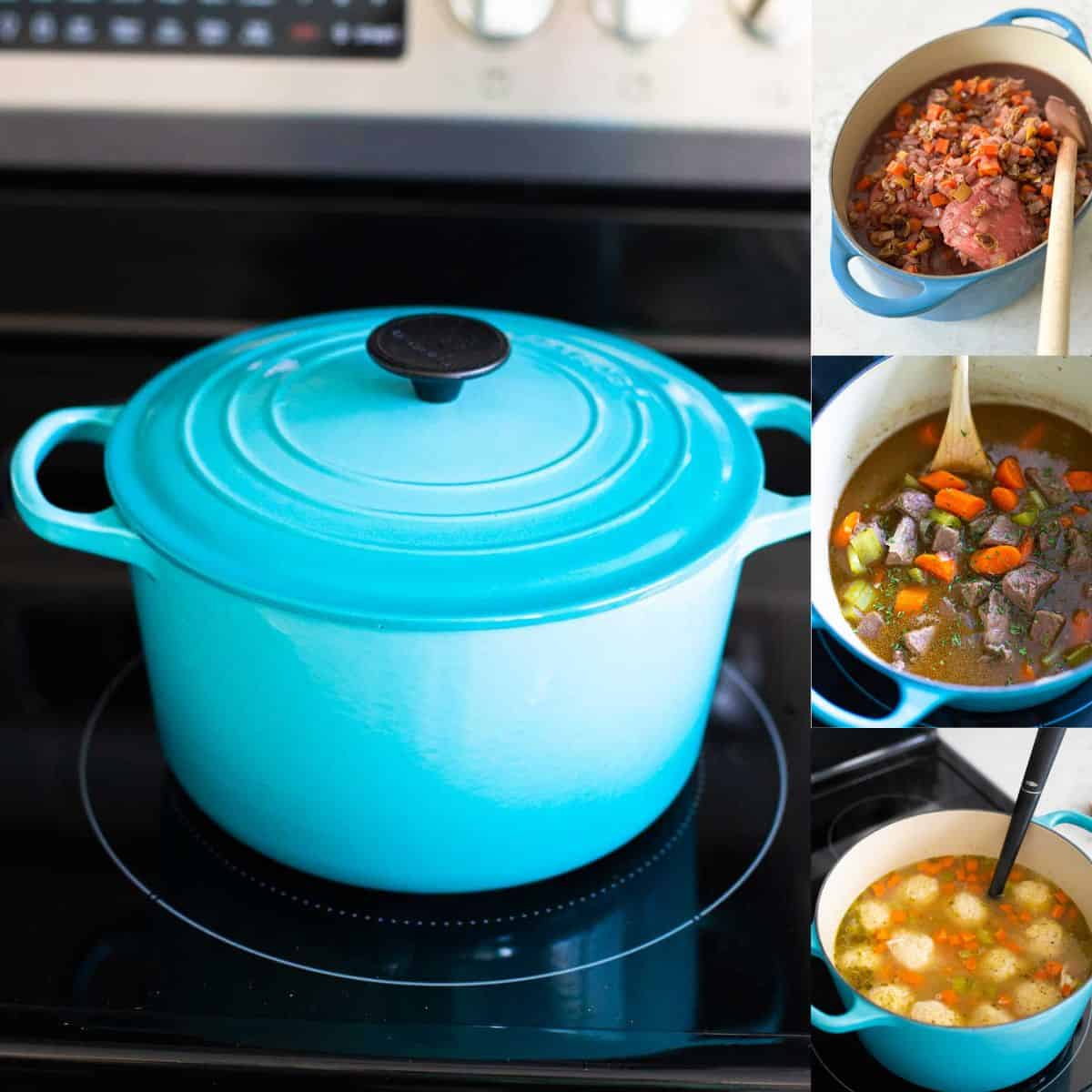 The photo collage shows a blue Dutch oven next to 3 recipes you can use it to cook.