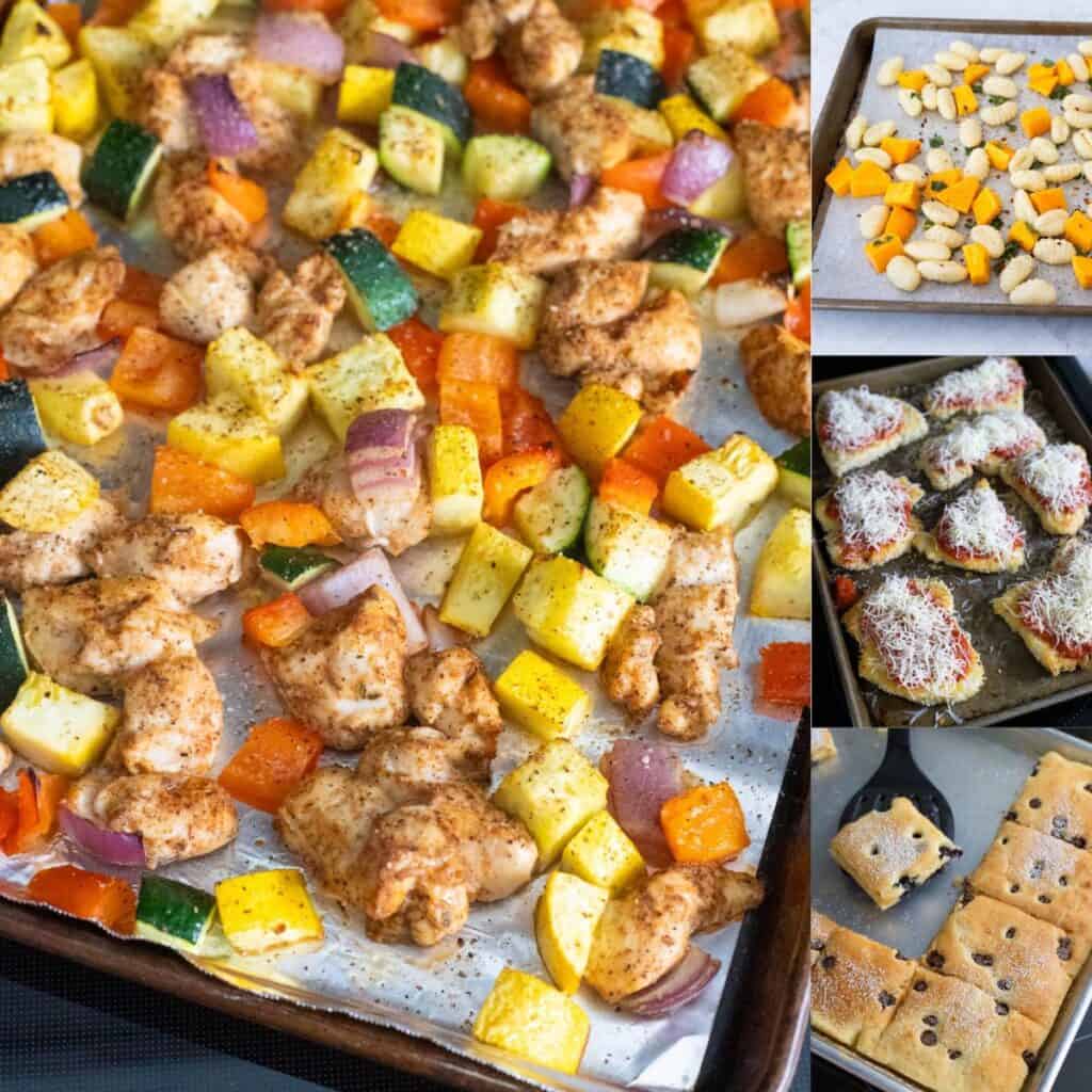 The photo collage shows 4 different recipes baked on a sheet pan.