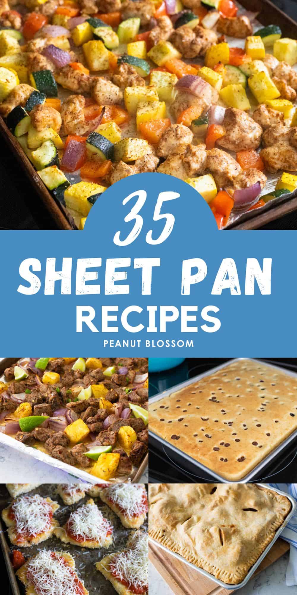 The photo collage shows 5 different sheet pan recipes for breakfast and dinner.