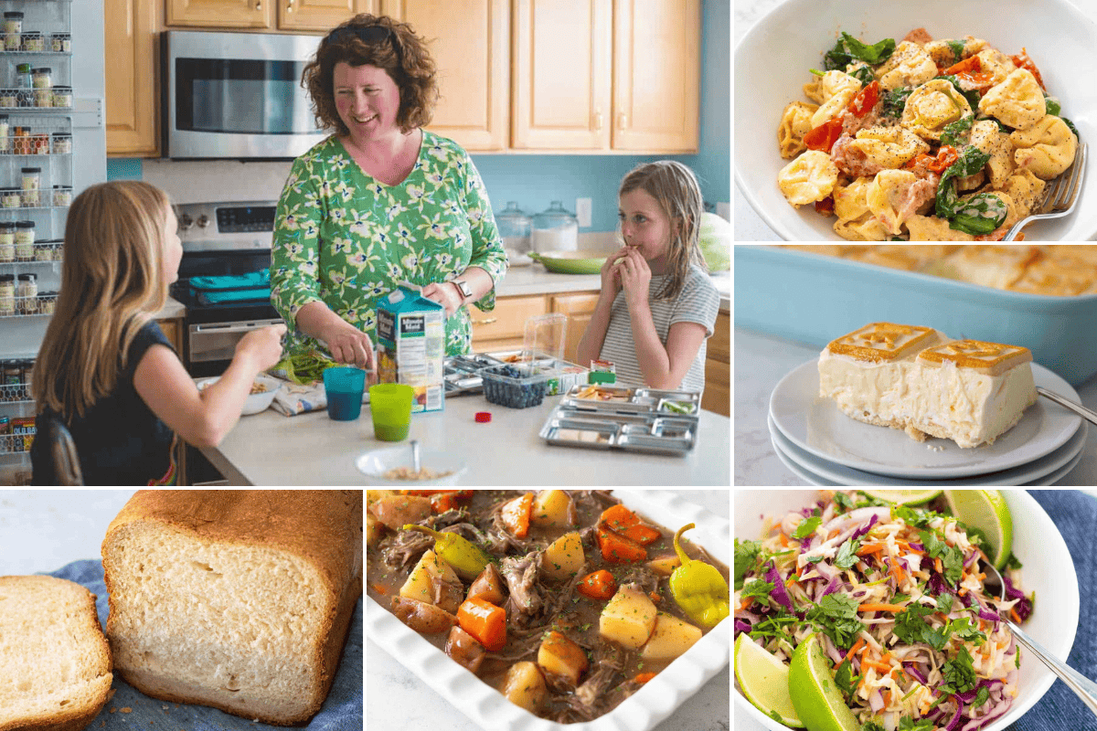Photo collage featuring a large image of Tiffany Dahle, founder of Peanut Blossom, at the kitchen counter with her two young daughters. Smaller recipe photos surround the large photos; Clockwise from the top right corner: Baked boursin pasta, no-banana banana pudding, Mexican slaw for tacos, Mississippi pot roast, Bread machine sandwich bread.