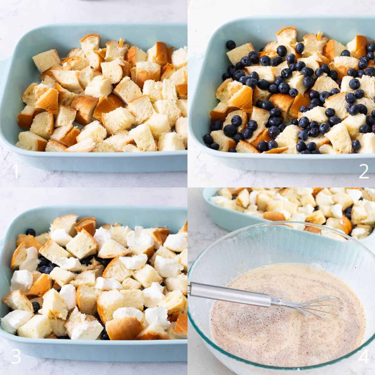 The step by step photo collage shows how to assemble the bread cubes, fresh blueberries, and cream cheese.