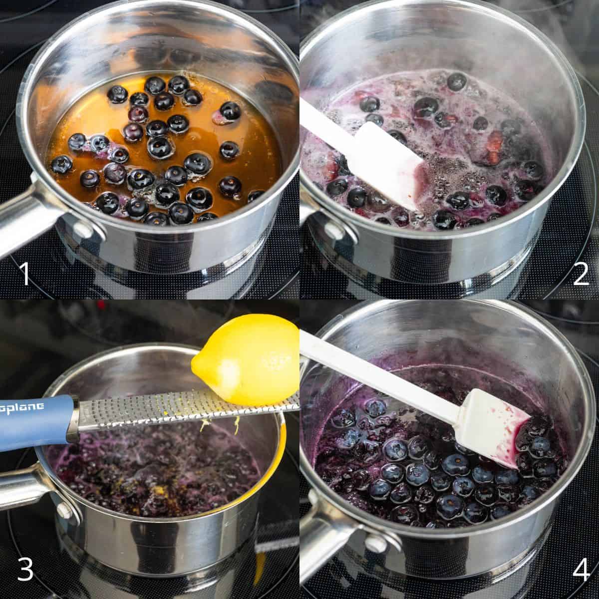 The step by step photo collage shows how to cook the fresh blueberries in a saucepan.