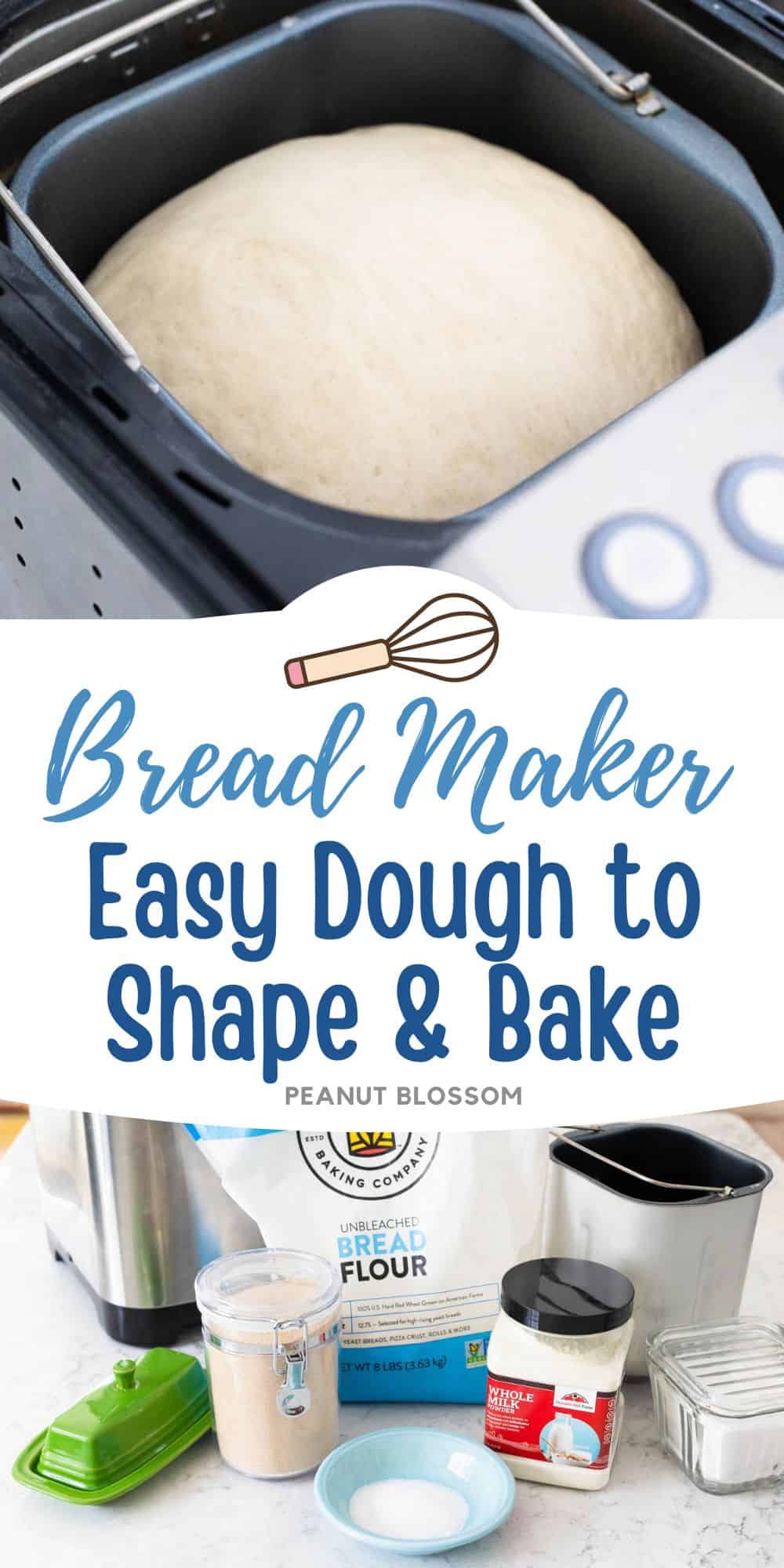 The photo collage shows the risen dough inside the bread machine next to a photo of the ingredients needed to make it.
