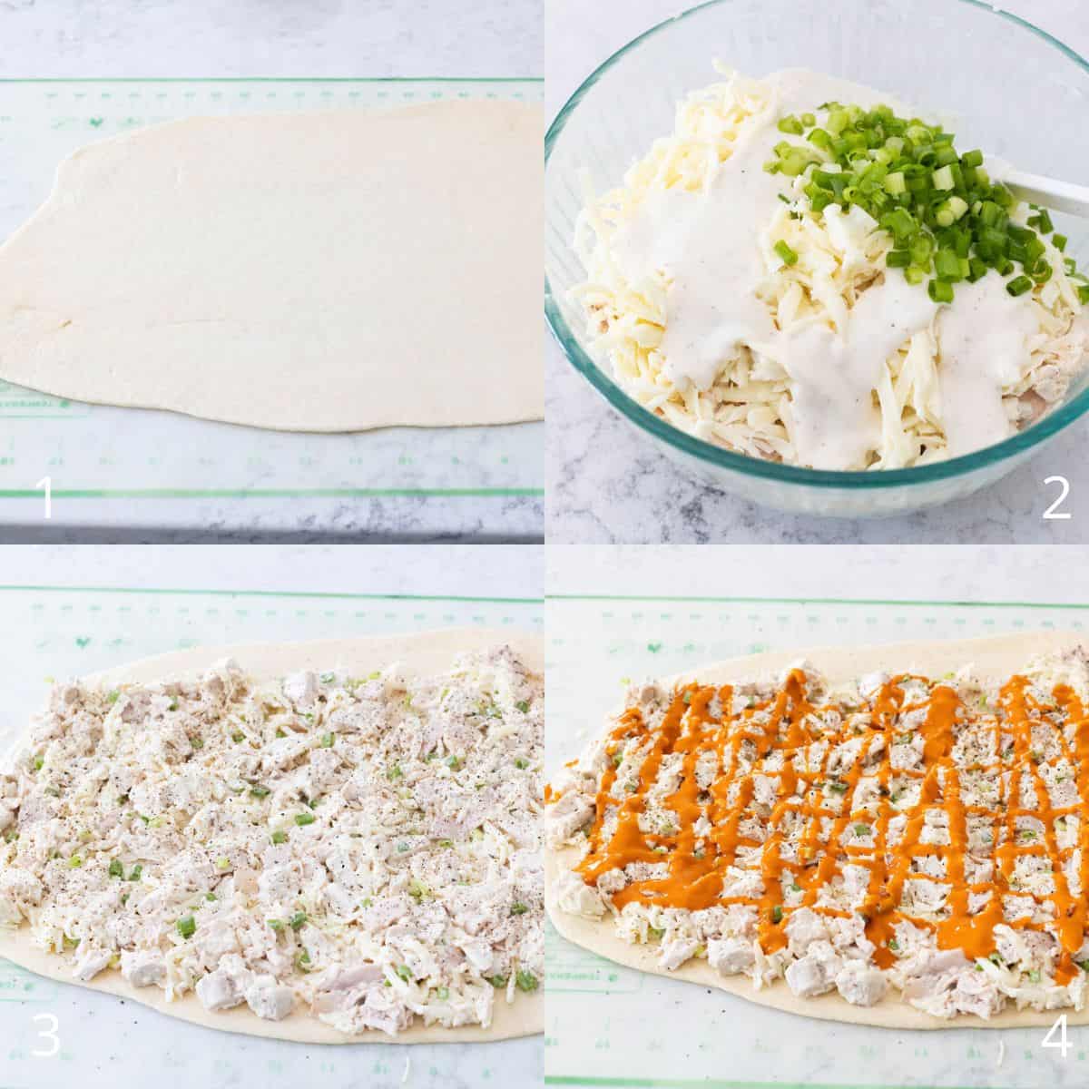 The step-by-step photo collage shows how to roll out the dough and top it with the buffalo chicken filling.