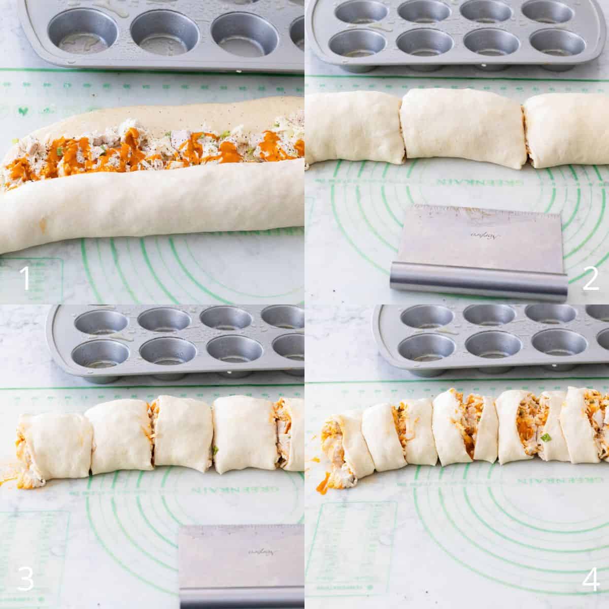 The step-by-step photo collage shows how to roll up the chicken rolls and then slice them evenly for the muffin pan.