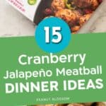 The photo collage shows a container of cranberry jalapeno meatballs from Costco next to a bowl filled with them cooked and browned.