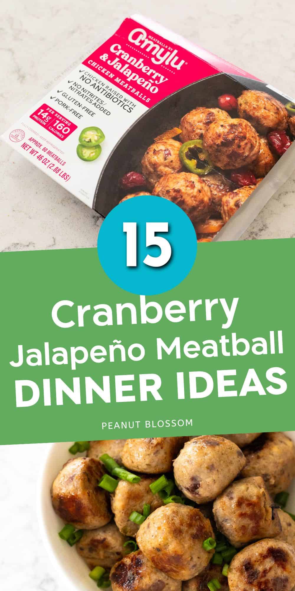 The photo collage shows a container of cranberry jalapeno meatballs from Costco next to a bowl filled with them cooked and browned.