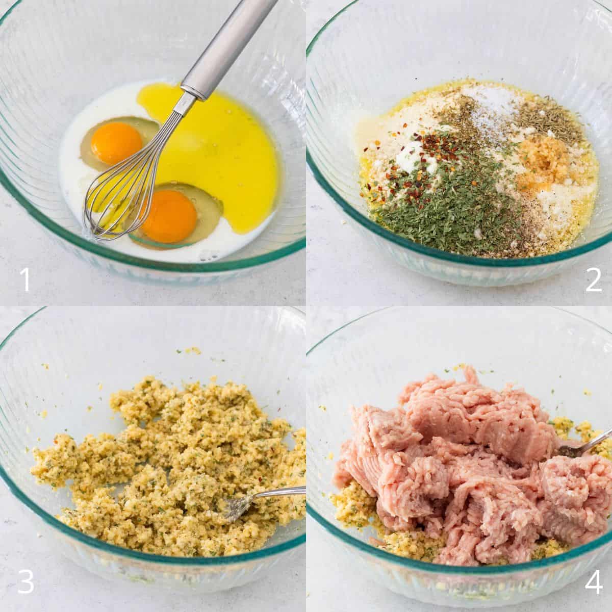 The photo collage shows the step-by-step directions on how to mix together the ground chicken and seasonings.