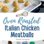 The photo collage shows a picture of the cooked meatballs on a sheet pan lined with parchment, next to a photo of the ingredients needed to make it.