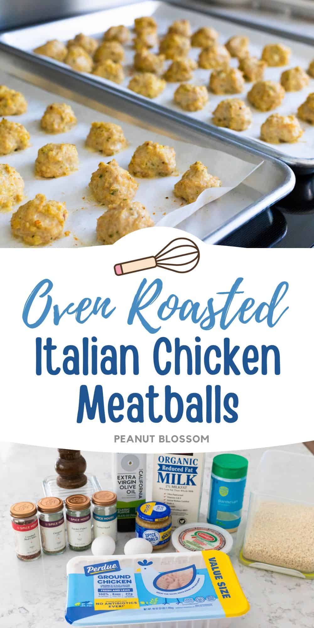 The photo collage shows a picture of the cooked meatballs on a sheet pan lined with parchment, next to a photo of the ingredients needed to make it.