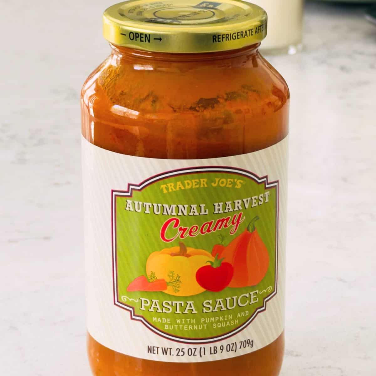 A jar of Trader Joe's Creamy Autumn Pasta Sauce is on the kitchen counter.