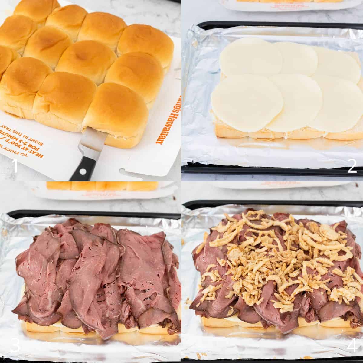 The step-by-step photo collage shows how to assemble the French dip sliders. 