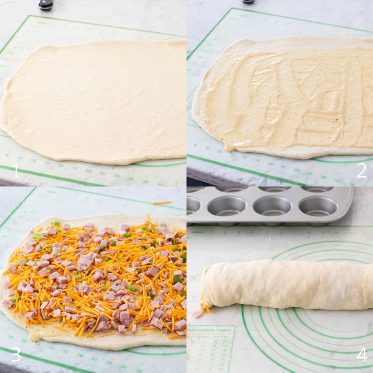 The step-by-step photo collage shows how to roll out the dough and assemble the ham rolls.