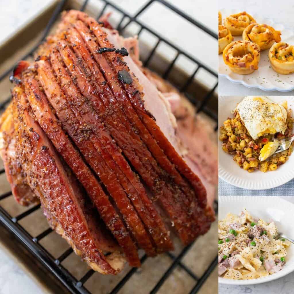A photo collage shows a spiral ham cooling on a rack next to three photos that use the leftover ham for dinner.