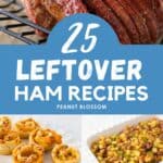 The photo collage shows a spiral ham cooling on a baking rack next to four photos of recipes that include ham.