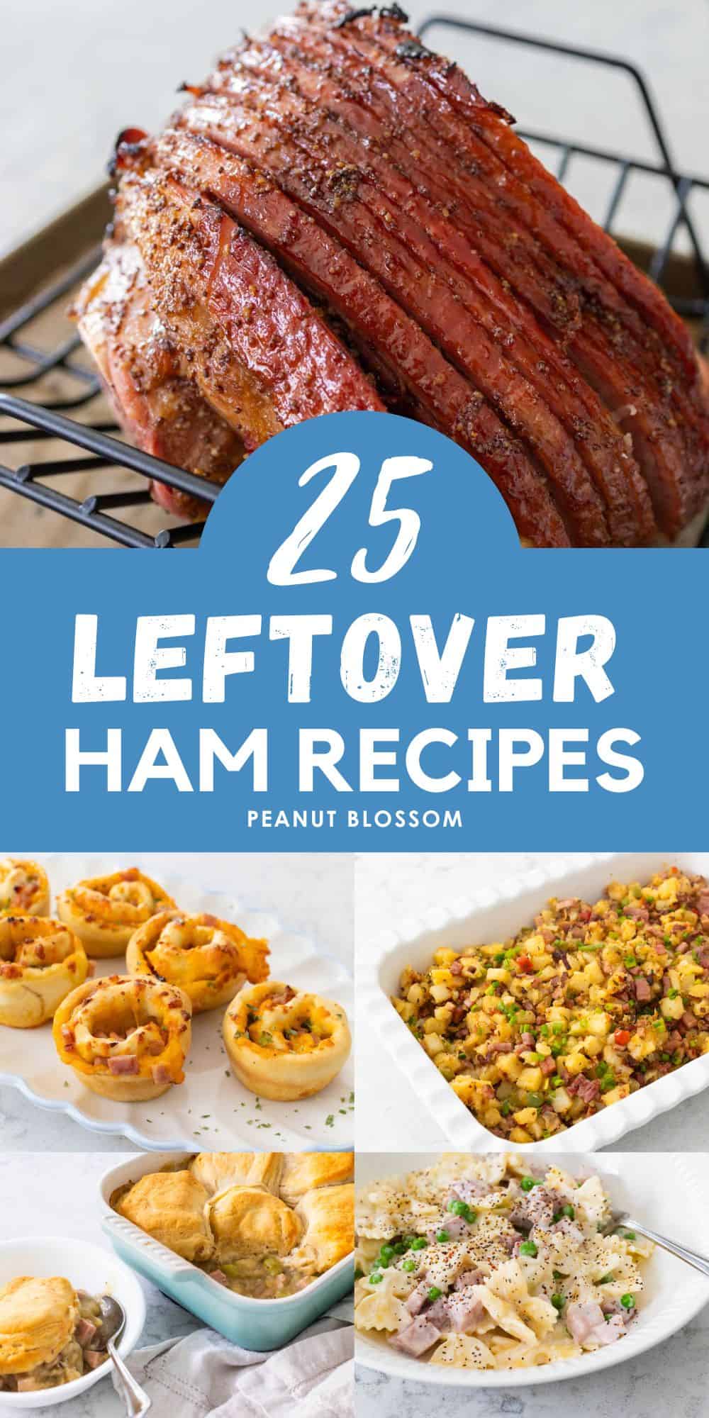 The photo collage shows a spiral ham cooling on a baking rack next to four photos of recipes that include ham.